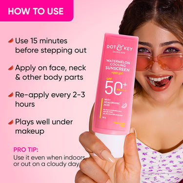 Dot & Key Watermelon Cooling Sunscreen SPF 50+ PA++++ | With Hyaluronic Acid, Instantly Cools Skin, Broad Spectrum Protection | Controls Excess Oil, Checks Tanning, No White Cast, All Skin Types | 50g